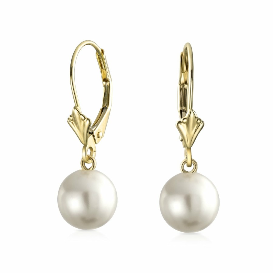 Shop Women Bling Jewelry Dangle Drop Earrings | Classic Real 14K Yellow Gold Freshwater Round Pearl Ball Drop Earrings