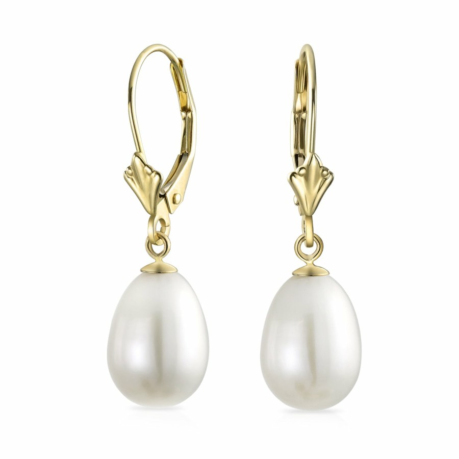 Shop Women Bling Jewelry Dangle Drop Earrings | Classic Real 14K Yellow Gold Freshwater Round Pearl Ball Drop Earrings