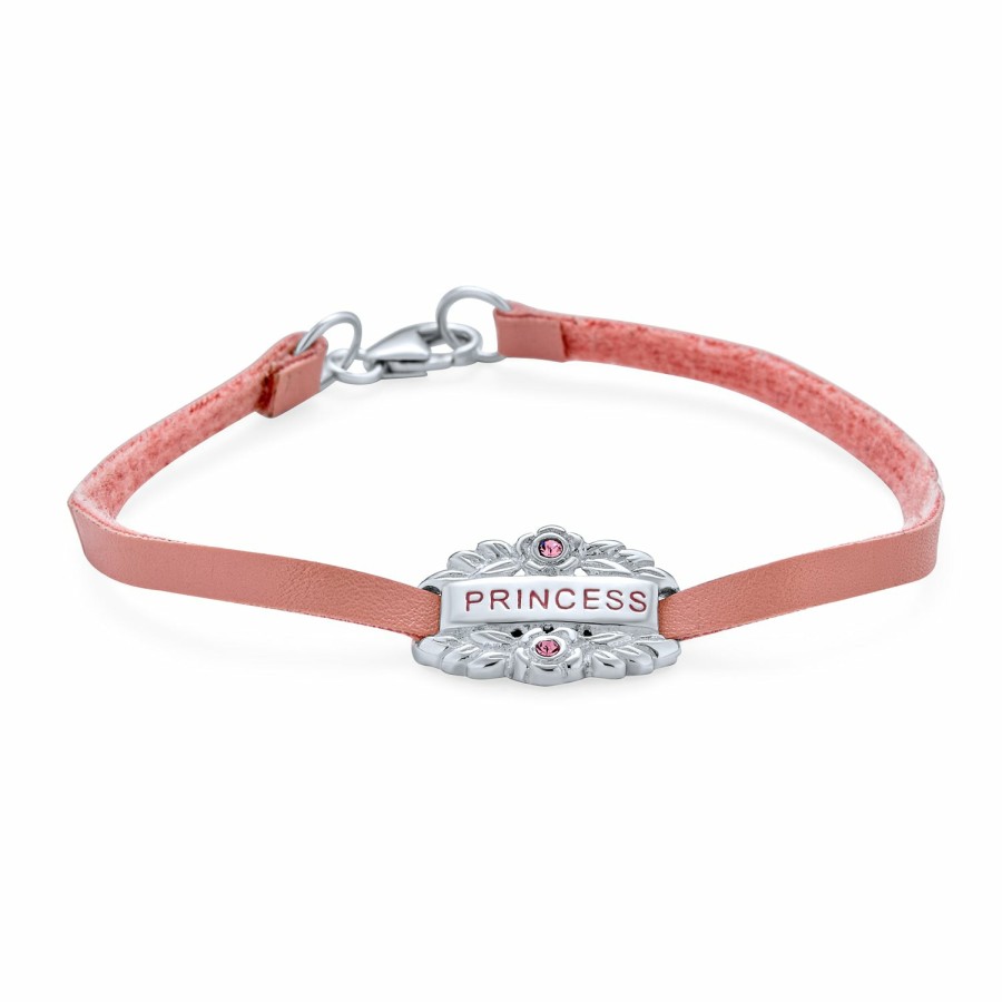 Shop Women Bling Jewelry | Pink Princess Heart Charm Bangle Leather Bracelet .925 Sterling Silver