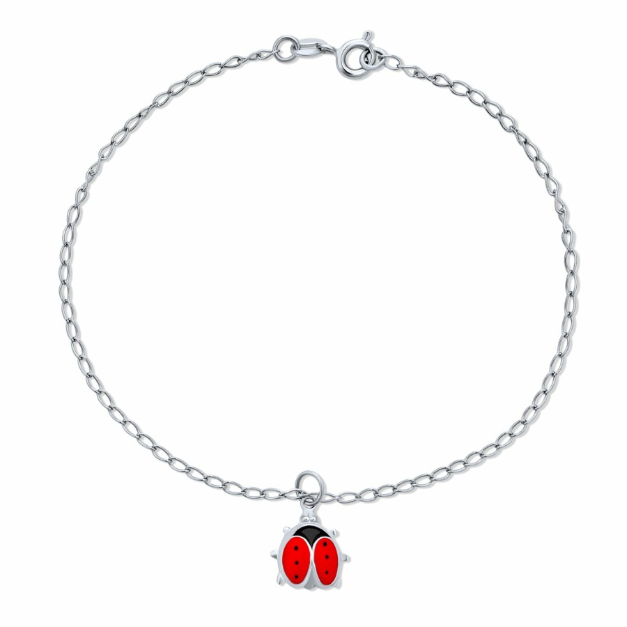 Shop Women Bling Jewelry Delicate Bracelets | Red Ladybug Garden Dangle Charm Anklet Ankle Bracelet Sterling Silver