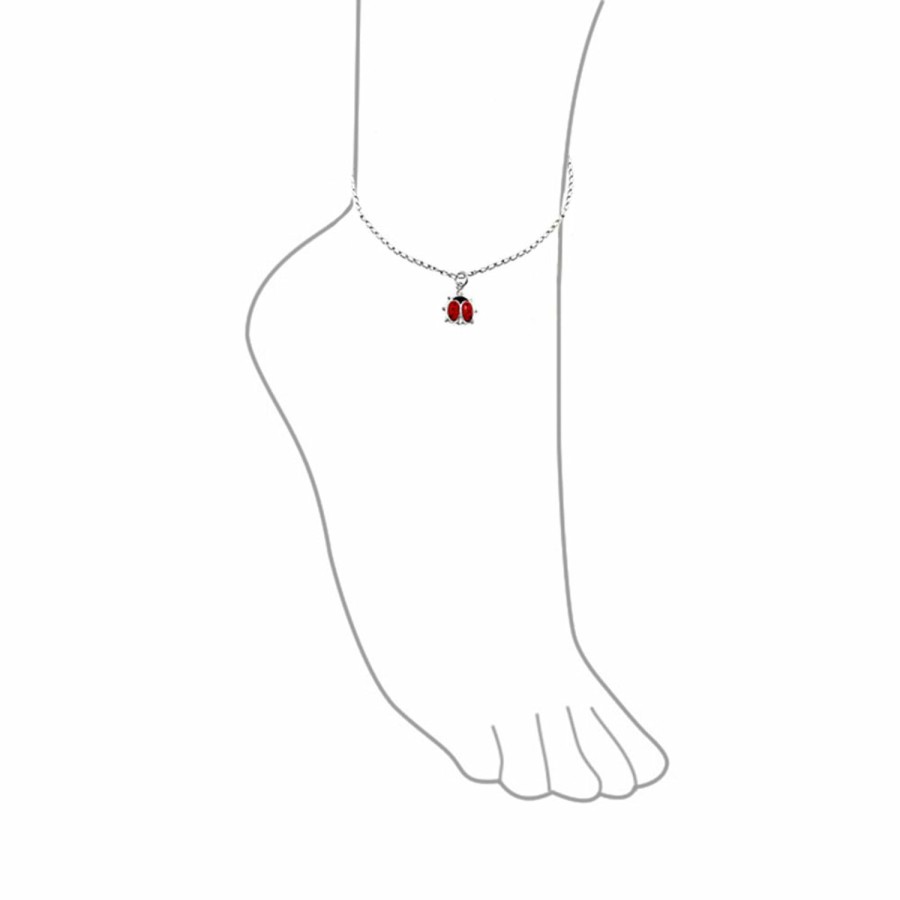 Shop Women Bling Jewelry Delicate Bracelets | Red Ladybug Garden Dangle Charm Anklet Ankle Bracelet Sterling Silver