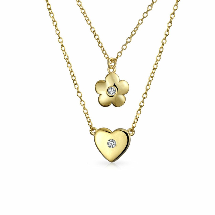 Shop Women Bling Jewelry Delicate Pendant Necklaces | Heart Flower Pendant Necklace Cz Gold Plated Sterling Silver 16-1