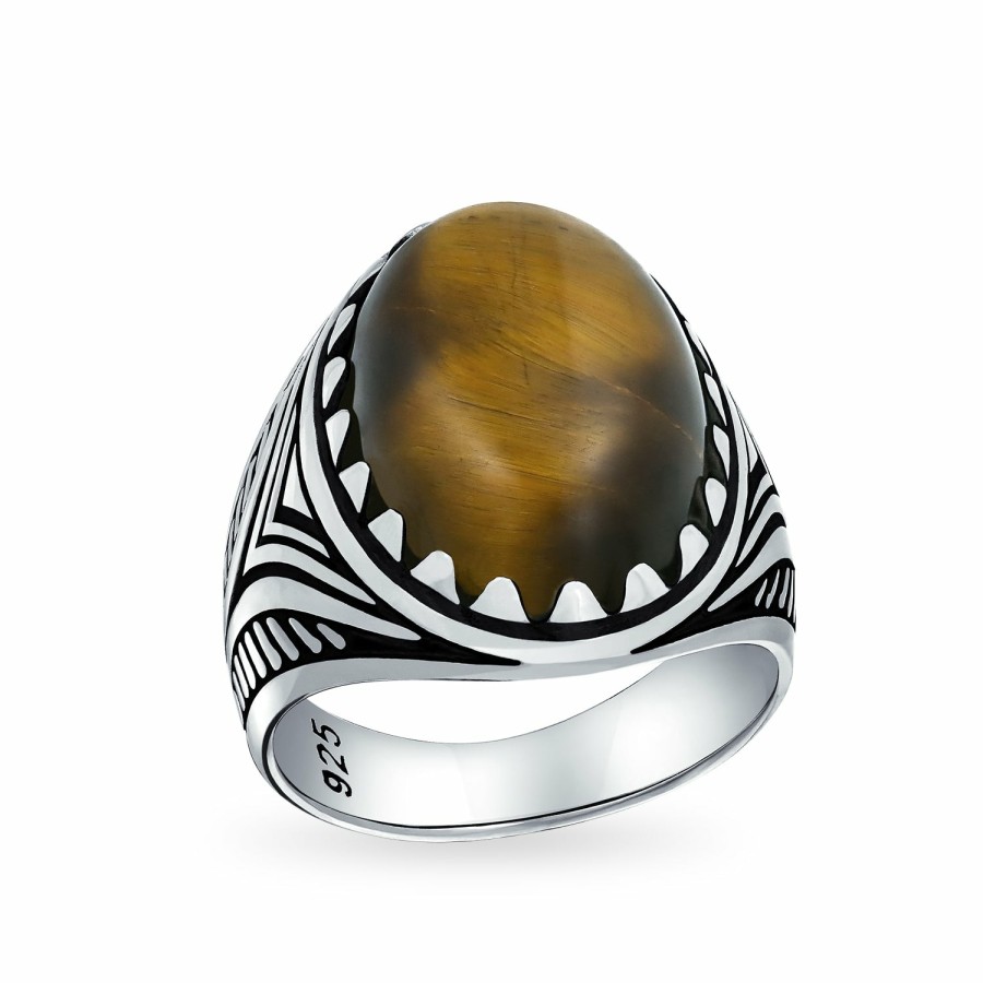 Shop Men Bling Jewelry Mens Rings | Onyx Turquoise Tiger Eye Oval Cabochon Western Mens Claw Ring Silver