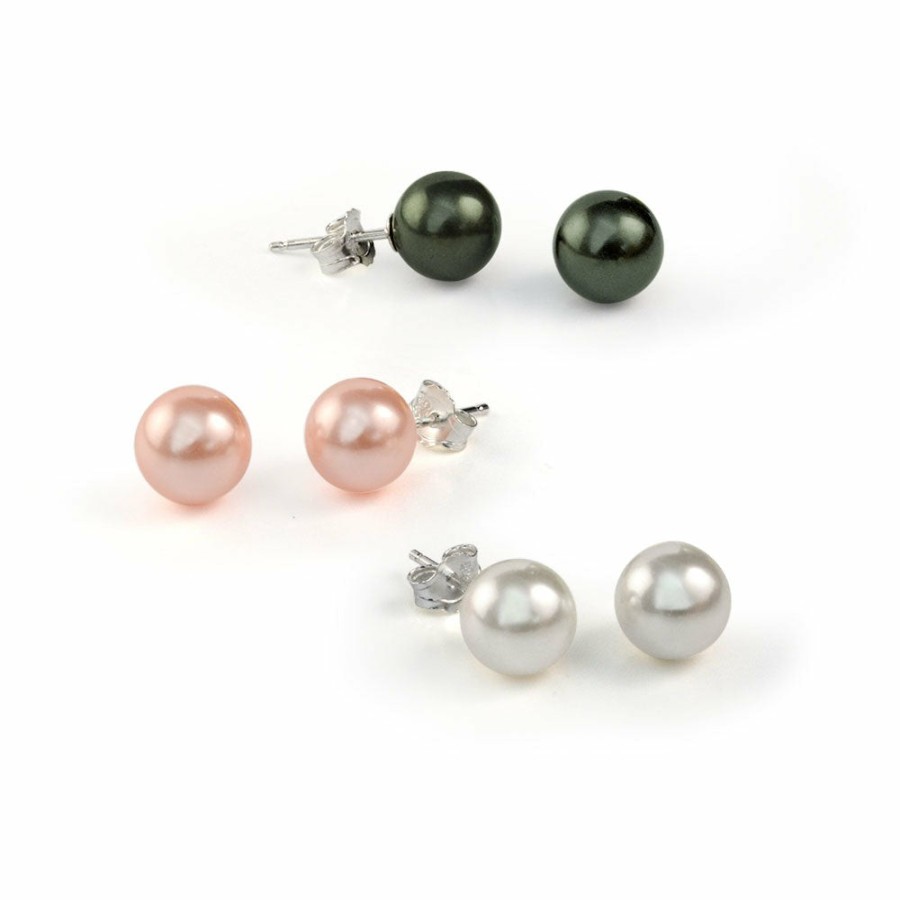 Shop Women Bling Jewelry Stud Earrings | Set Of 3 White Black Pink Imitation Pearl Earrings Sterling Silver 8Mm