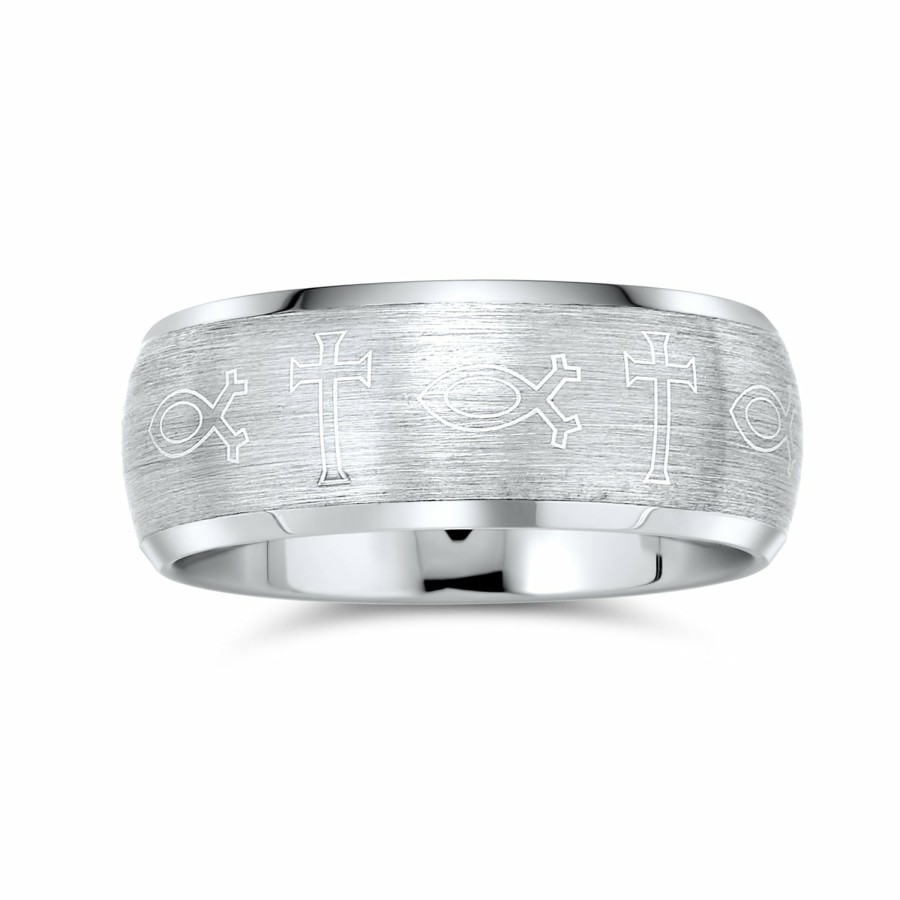 Shop Men Bling Jewelry Mens Engravable Rings | Ichthys Jesus Fish Cross Wedding Band Titanium Ring For Men Matte 8Mm Silver