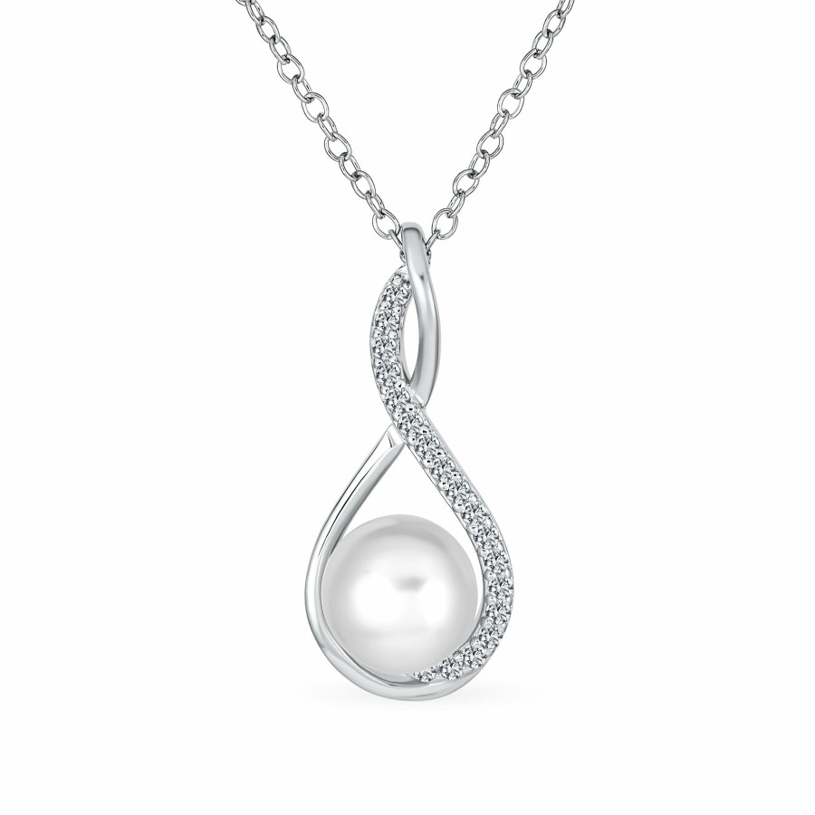 Shop Women Bling Jewelry Pendant Necklaces | Bridal Wedding Teardrop Infinity Pendant White Pearl Sterling Silver