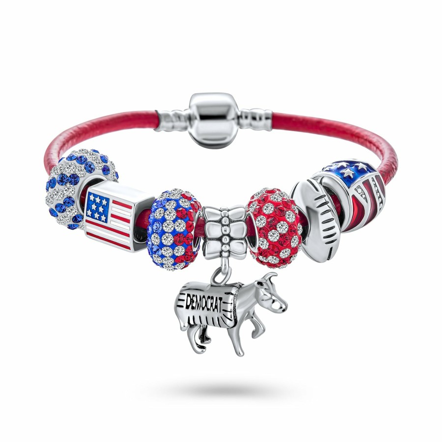 Shop Women Bling Jewelry Charm Bracelets | Patriotic Usa Elephant Donkey Charms Bracelet Leather Sterling Silver