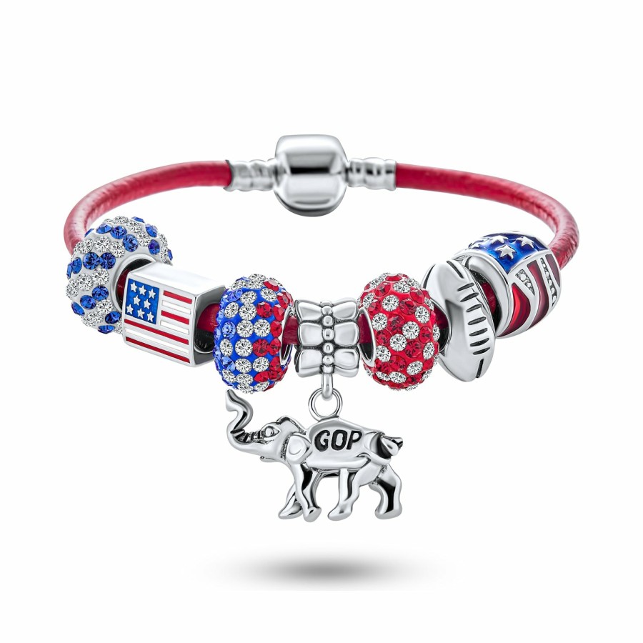 Shop Women Bling Jewelry Charm Bracelets | Patriotic Usa Elephant Donkey Charms Bracelet Leather Sterling Silver