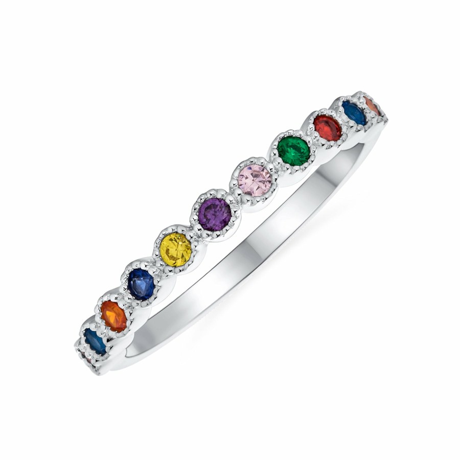 Shop Women Bling Jewelry Wedding Bands | Lgbtq Rainbow Multi Color Cz Half Thin Eternity Ring .925 Silver