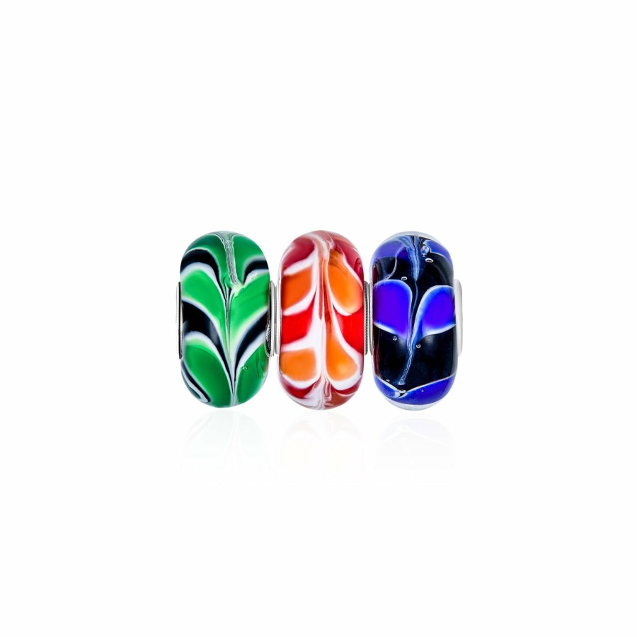 Shop Women Bling Jewelry Flower Beads | 3 Set Bundle Multi Color Murano Glass Swirl Leaf Charm Bead .925 Silver