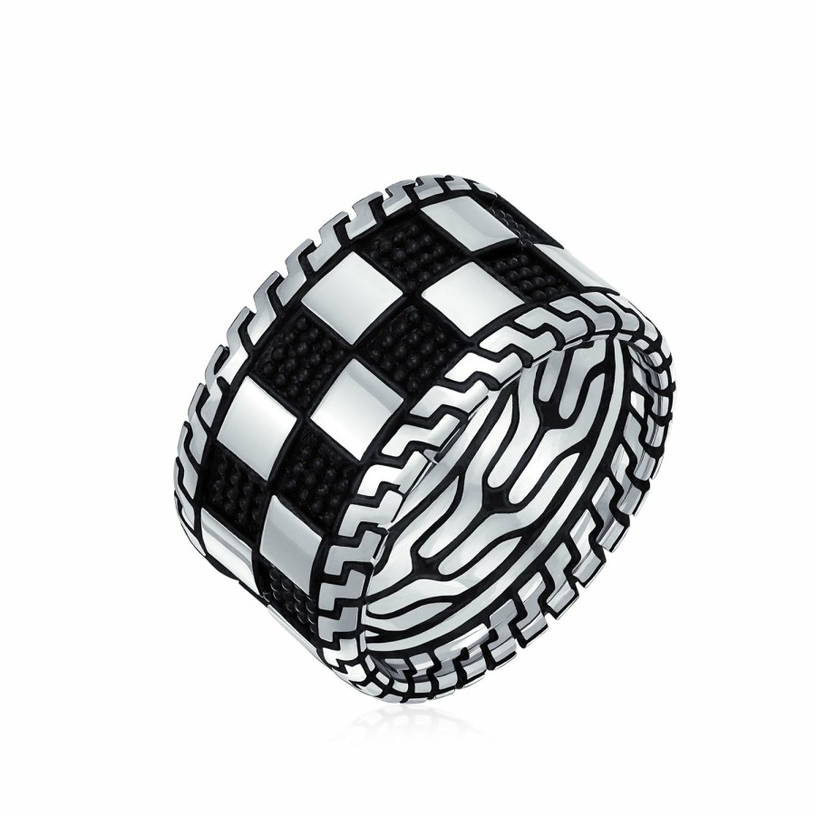 Shop Men Bling Jewelry Mens Rings | Men'S Two Tone Black Silver Check Board Ring Band Solid .925 Silver