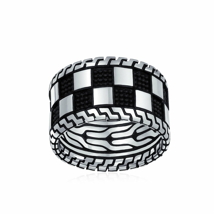 Shop Men Bling Jewelry Mens Rings | Men'S Two Tone Black Silver Check Board Ring Band Solid .925 Silver