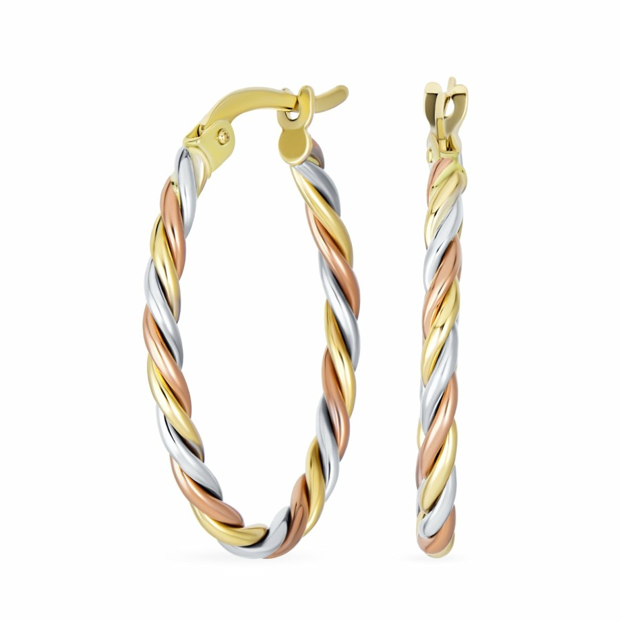 Shop Women Bling Jewelry Hoops Huggies Earrings | Genuine Real 14K Tricolor Gold 3 Strand Twist Cable Oval Hoop Earrings