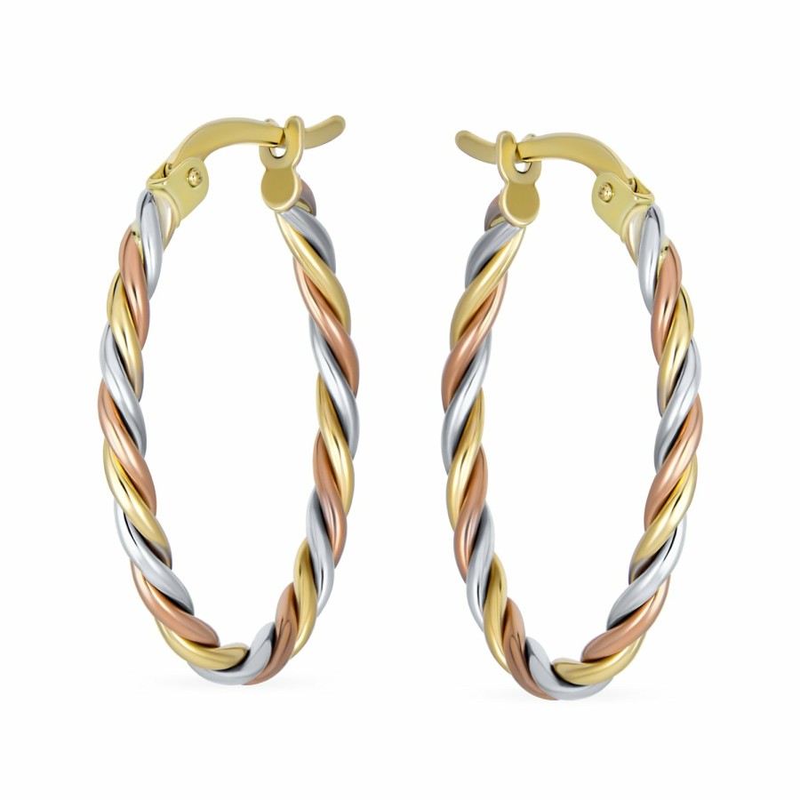 Shop Women Bling Jewelry Hoops Huggies Earrings | Genuine Real 14K Tricolor Gold 3 Strand Twist Cable Oval Hoop Earrings