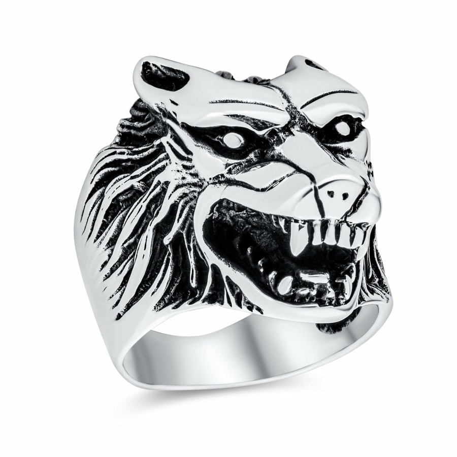 Shop Women Bling Jewelry Engravable Rings | Hunter Wild Animal Mens Wolf Signet Coin Ring Oxidized .925 Sterling