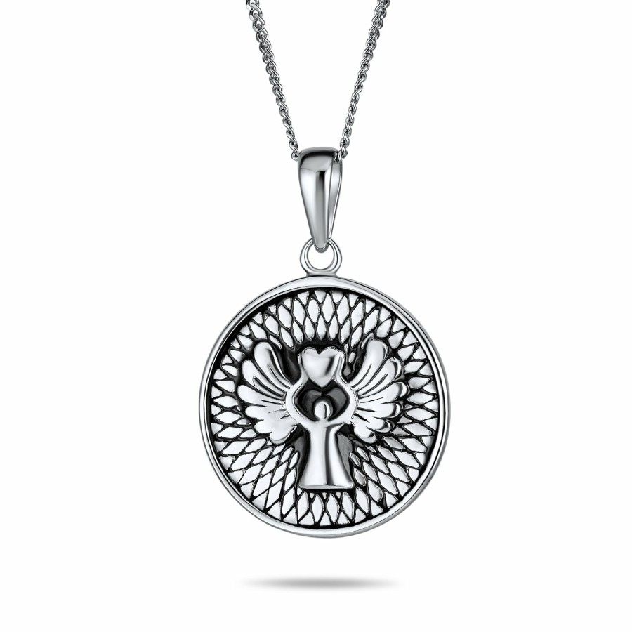 Shop Women Bling Jewelry Pendant Necklaces | Guardian Angel Round Medallion Medal Pendant Necklace Sterling Silver