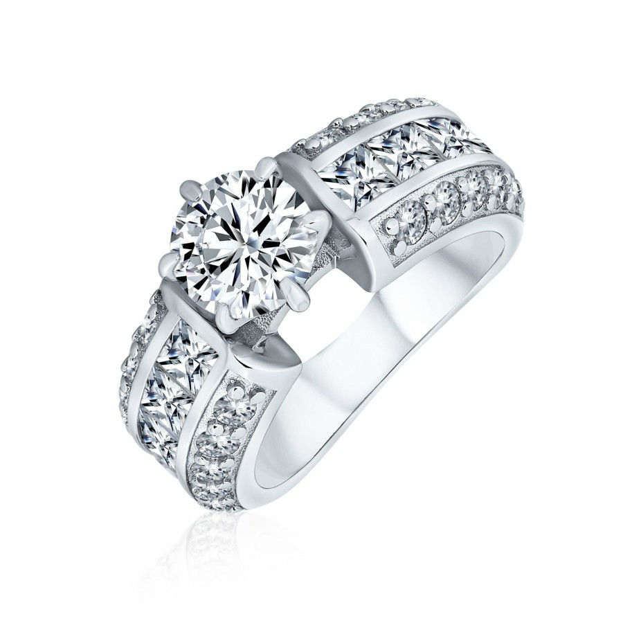 Shop Women Bling Jewelry Engravable Rings | 2Ct Aaa Cz Solitaire Engagement Ring Wide 3 Row Band Sterling Silver