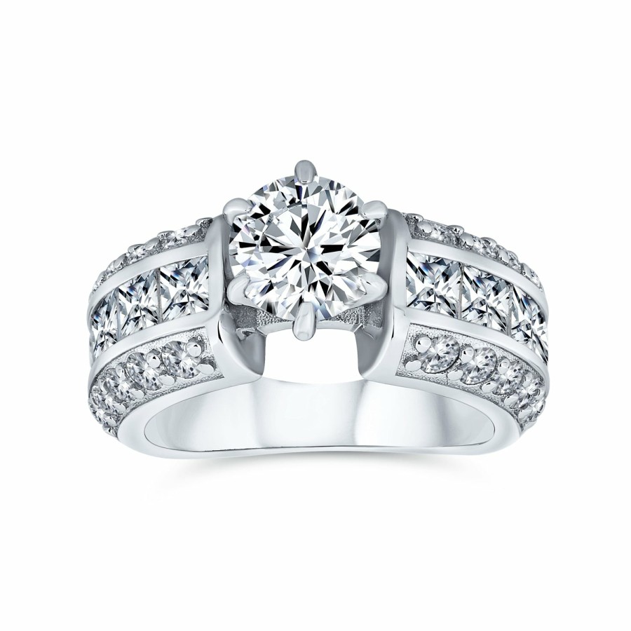 Shop Women Bling Jewelry Engravable Rings | 2Ct Aaa Cz Solitaire Engagement Ring Wide 3 Row Band Sterling Silver