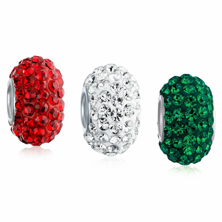 Shop Women Bling Jewelry Flower Beads | Christmas Red White Green Crystal Holiday Beads Charms Set .925 Silver