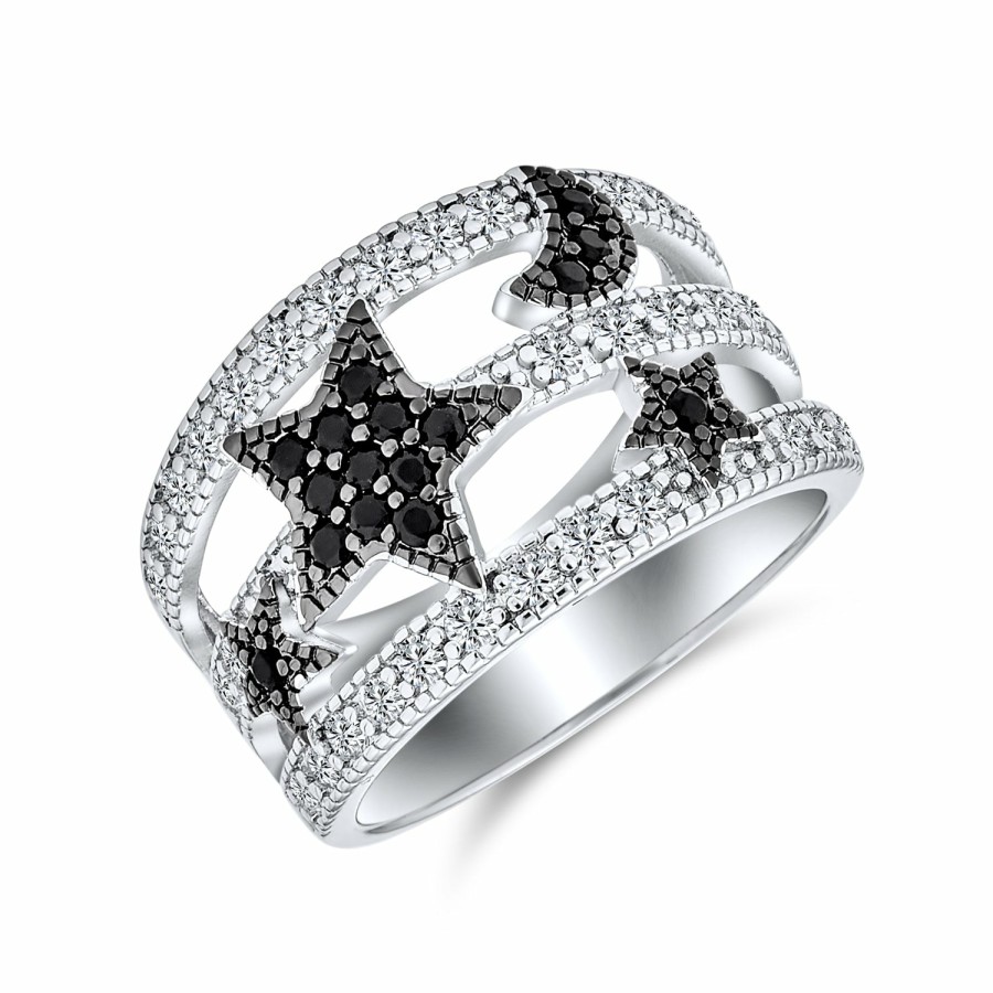 Shop Women Bling Jewelry Statement Cocktail Rings | Black White Pave Cz Celestial Moon Star Ring Plated Brass Silver