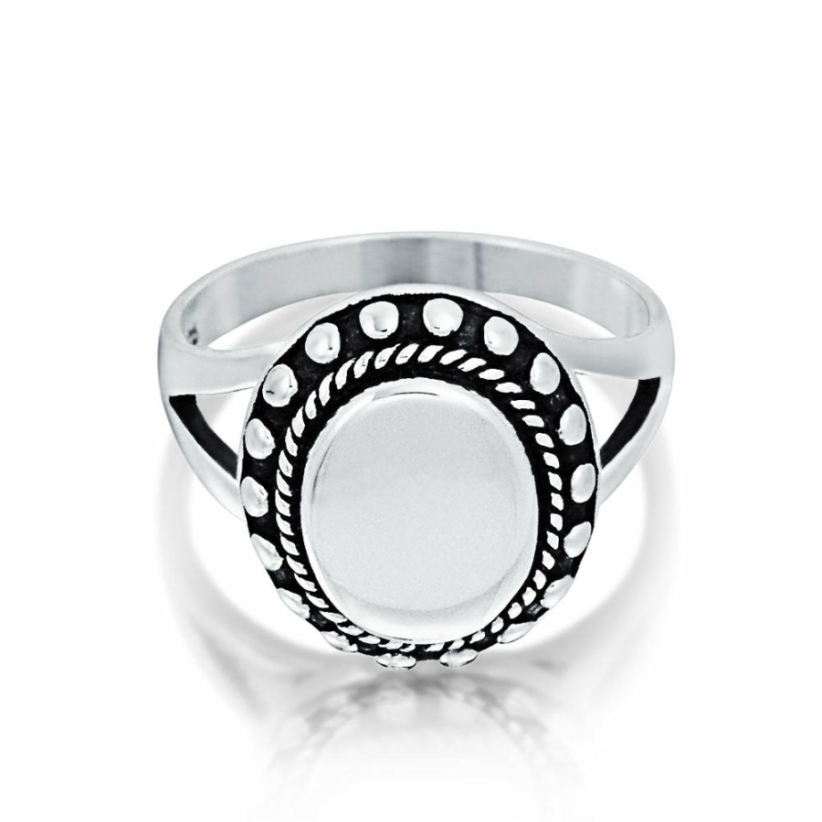 Shop Women Bling Jewelry Engravable Rings | Halo Monogram Engravable .925 Sterling Oval Signet Ring Band Silver