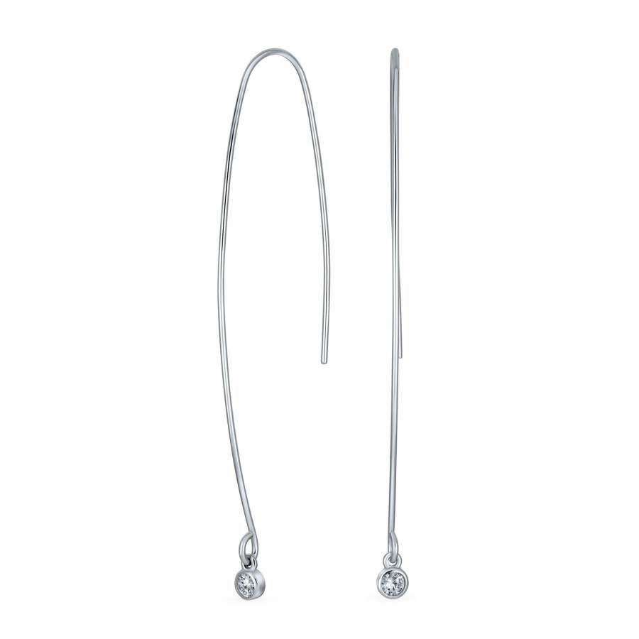 Shop Women Bling Jewelry Dangle Drop Earrings | Long Curved Wire Threader Earrings Dangle Bezel Round Sterling Silver