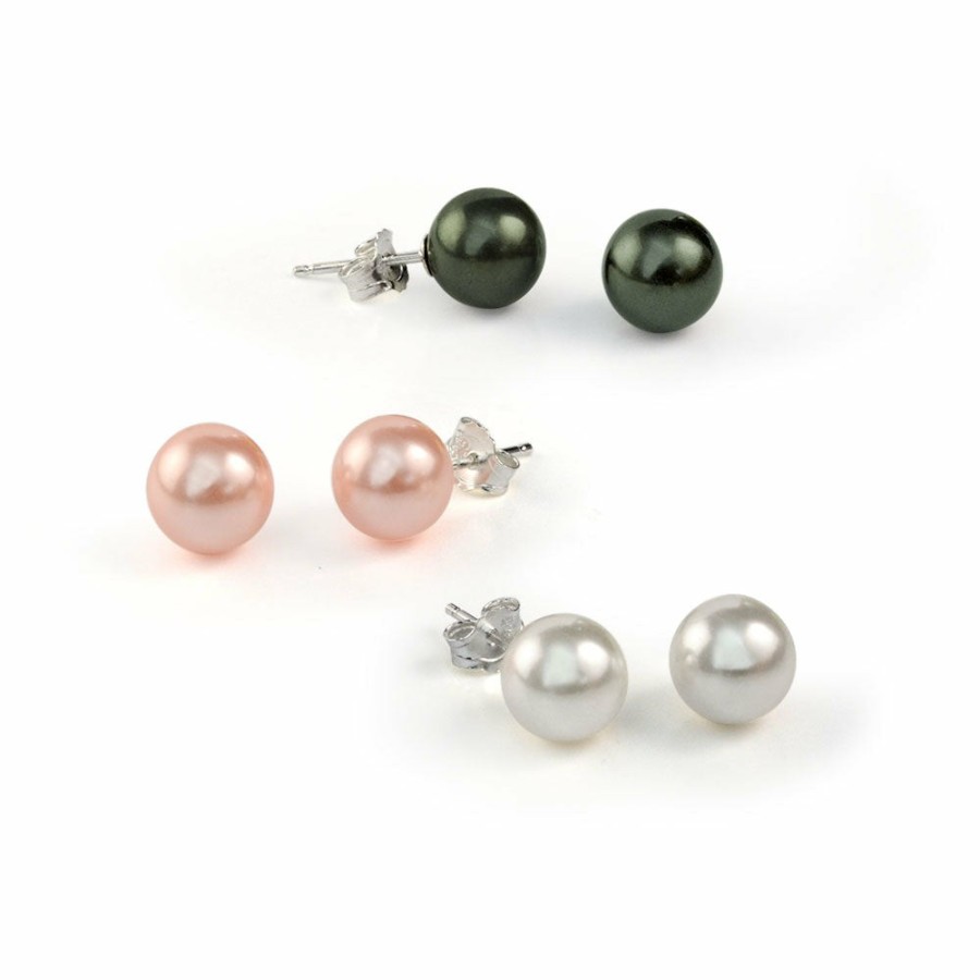 Shop Women Bling Jewelry Jewelry Sets | Set Of 3 White Black Pink Imitation Pearl Earrings Sterling Silver 8Mm