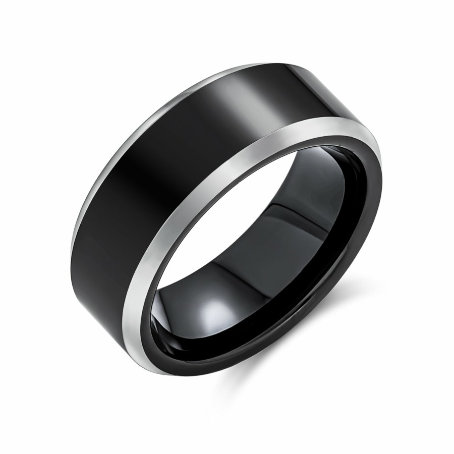 Shop Men Bling Jewelry Mens Engravable Rings | Couples Wedding Band Titanium Ring Silver Two Tone Beveled Edge Black