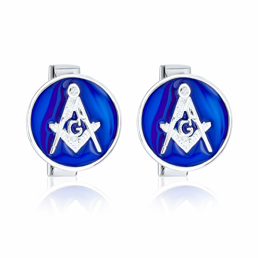 Shop Men Bling Jewelry Cufflinks | Freemasons Masonic Compass Circle Cufflinks Blue Sterling Silver