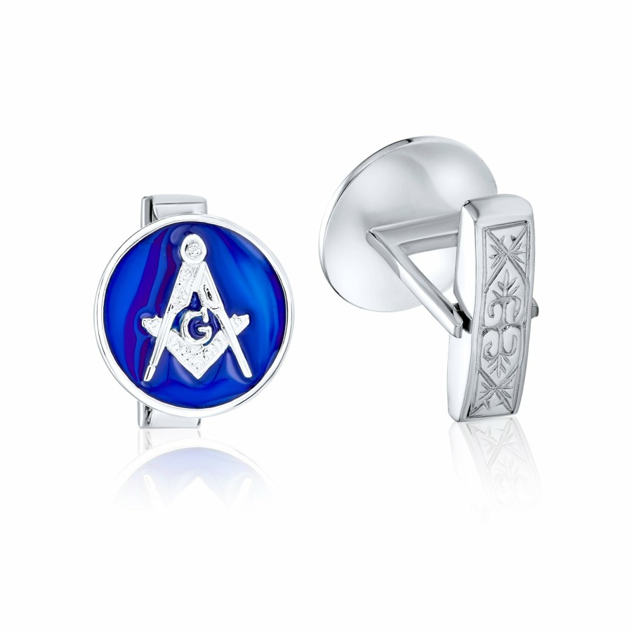 Shop Men Bling Jewelry Cufflinks | Freemasons Masonic Compass Circle Cufflinks Blue Sterling Silver