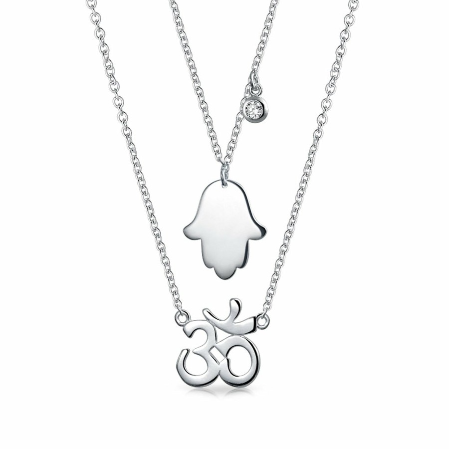 Shop Women Bling Jewelry Jewelry Sets | Hamsa Hand Aum Om Yoga Symbol 2 Layering Pendant Necklace Sterling Silver