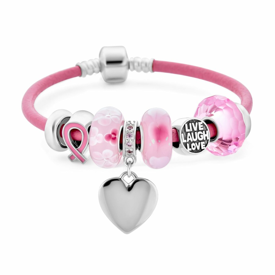 Shop Women Bling Jewelry Unique Charms | Breast Cancer Ribbon Bead Charm Leather Bracelet .925 Silver