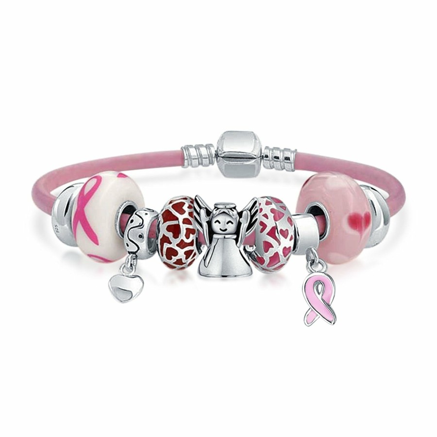 Shop Women Bling Jewelry Unique Charms | Breast Cancer Ribbon Bead Charm Leather Bracelet .925 Silver