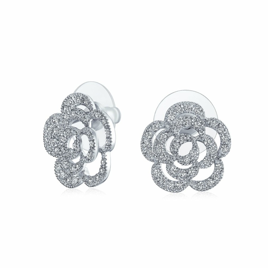 Shop Women Bling Jewelry Stud Earrings | Bridal Pave Cz Accent Open Floral Love Rose Flower Stud Earrings