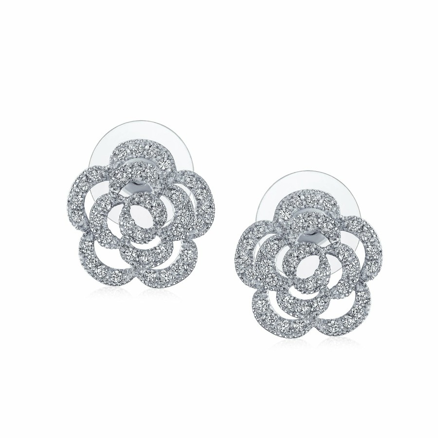 Shop Women Bling Jewelry Stud Earrings | Bridal Pave Cz Accent Open Floral Love Rose Flower Stud Earrings