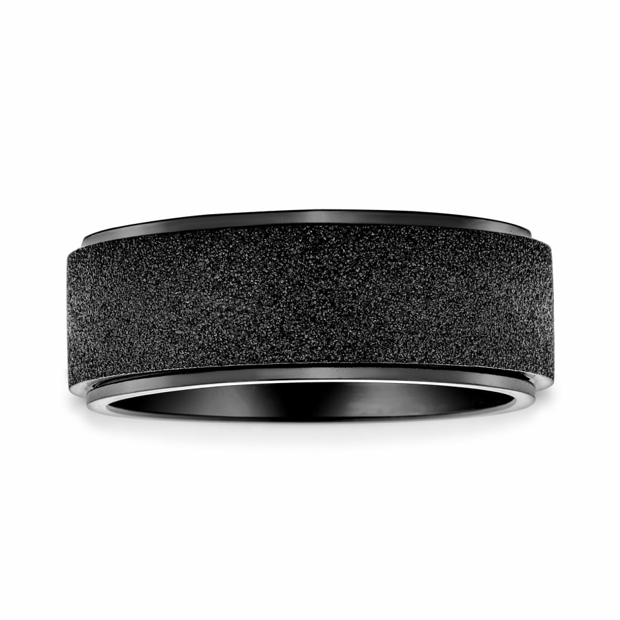 Shop Men Bling Jewelry Mens Rings | Beveled Sand Blast Wedding Band Titanium Spinner Ring 8Mm Wide Black