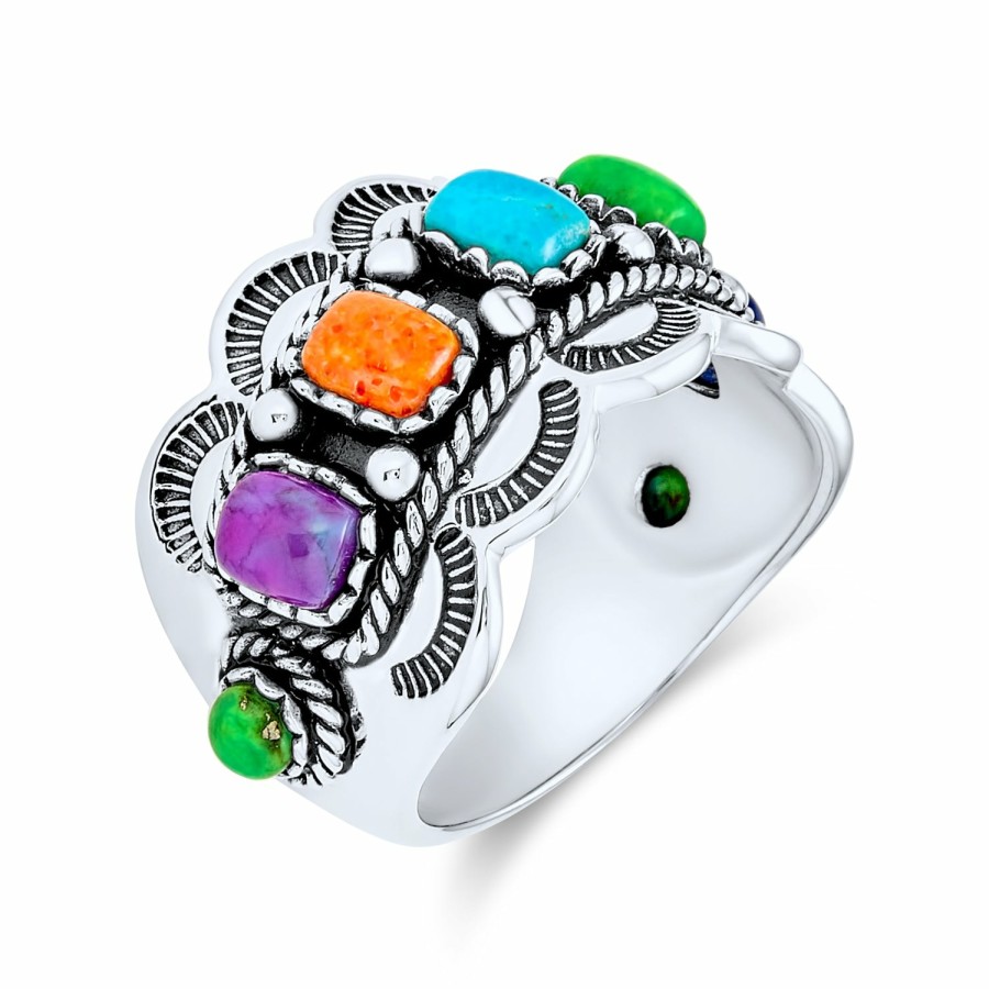 Shop Women Bling Jewelry Statement Cocktail Rings | Native American Style Multi Stone Turquoise Band Ring Sterling Silver