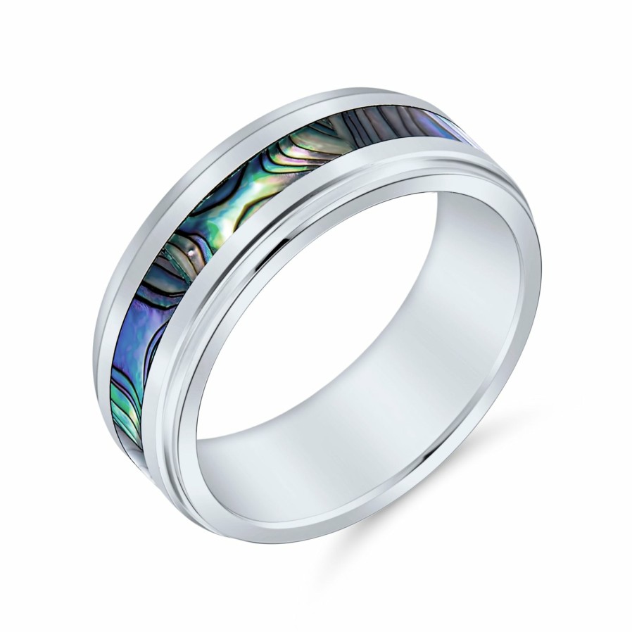 Shop Women Bling Jewelry Wedding Bands | Rainbow Abalone Inlay Couples Wedding Band Titanium Rings For Men 8Mm Silver