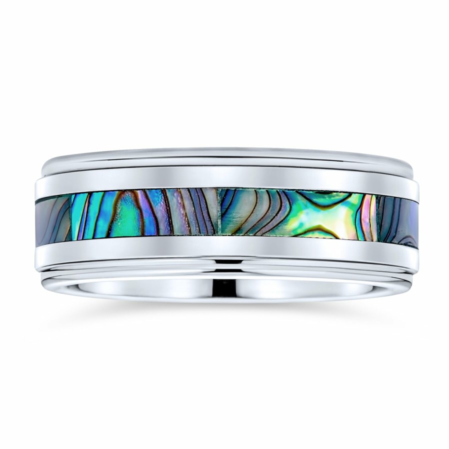 Shop Women Bling Jewelry Wedding Bands | Rainbow Abalone Inlay Couples Wedding Band Titanium Rings For Men 8Mm Silver