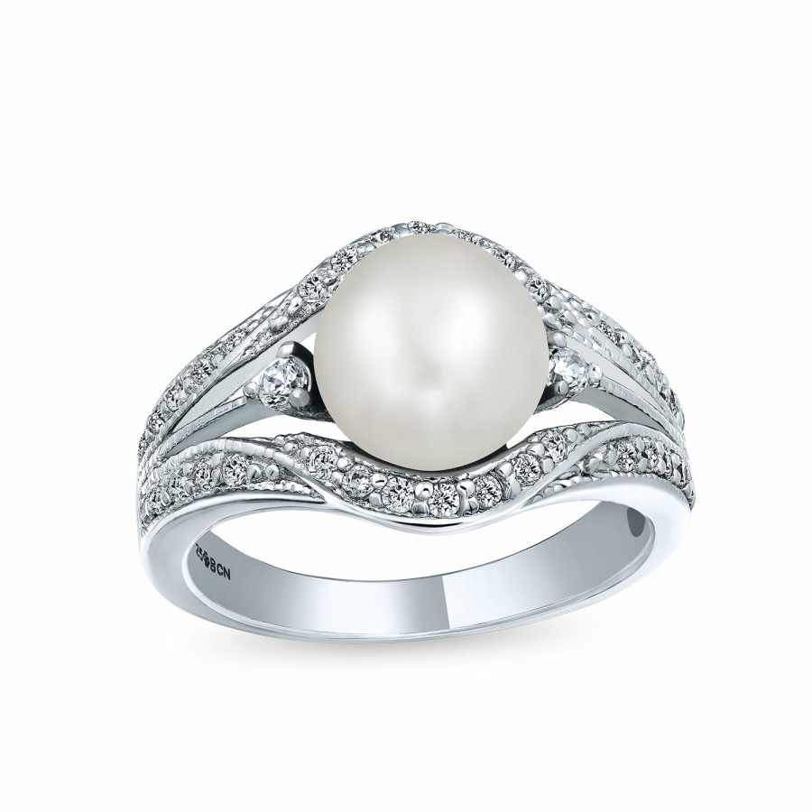 Shop Women Bling Jewelry Engravable Rings | Bridal Freshwater White Pearl Engagement Ring .925Sterling Silver