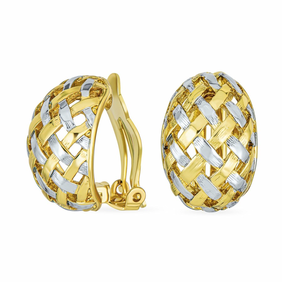 Shop Women Bling Jewelry Clip On Earrings | 2 Tone Braided Basket Weave Hoop Clip On Earrings Silver Gold Plated