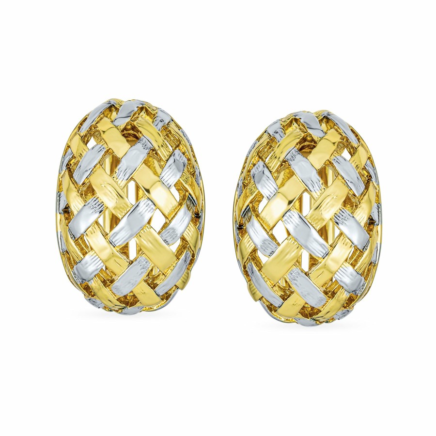 Shop Women Bling Jewelry Clip On Earrings | 2 Tone Braided Basket Weave Hoop Clip On Earrings Silver Gold Plated