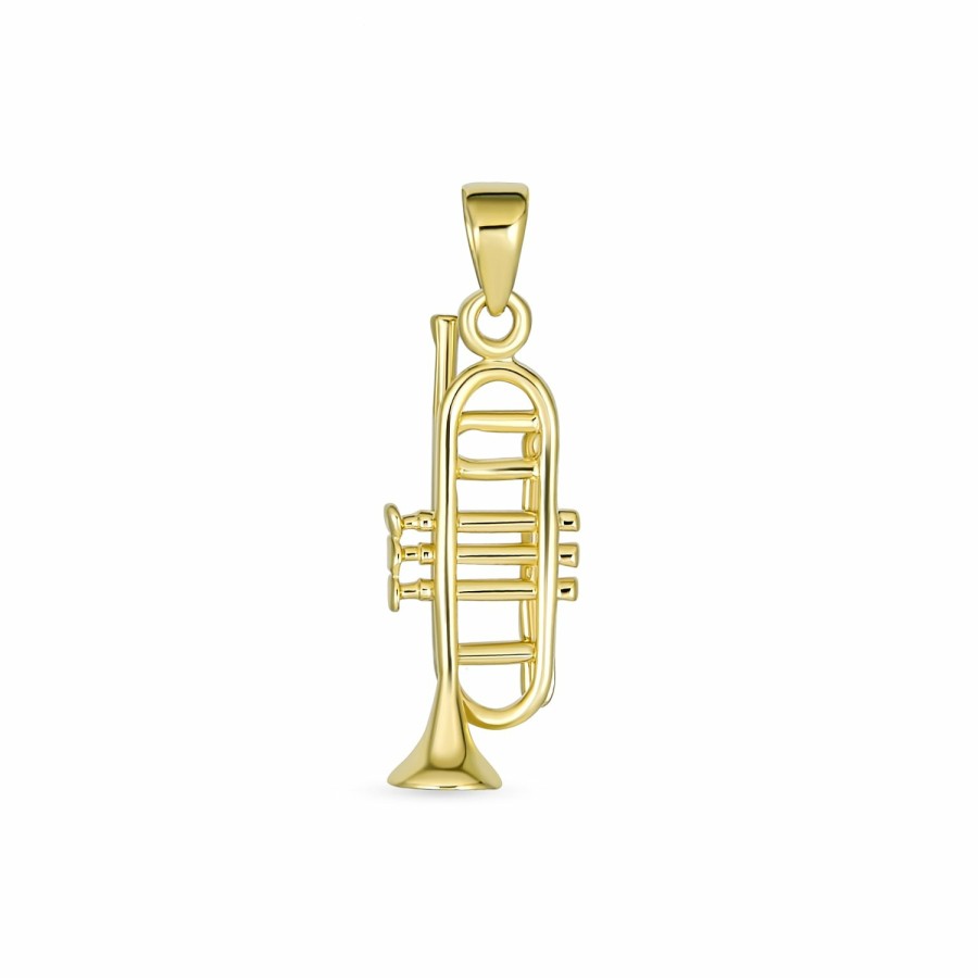 Shop Women Bling Jewelry Pendant Necklaces | Real 14K Gold Musician Jazz Lover Trumpet Instrument Pendant