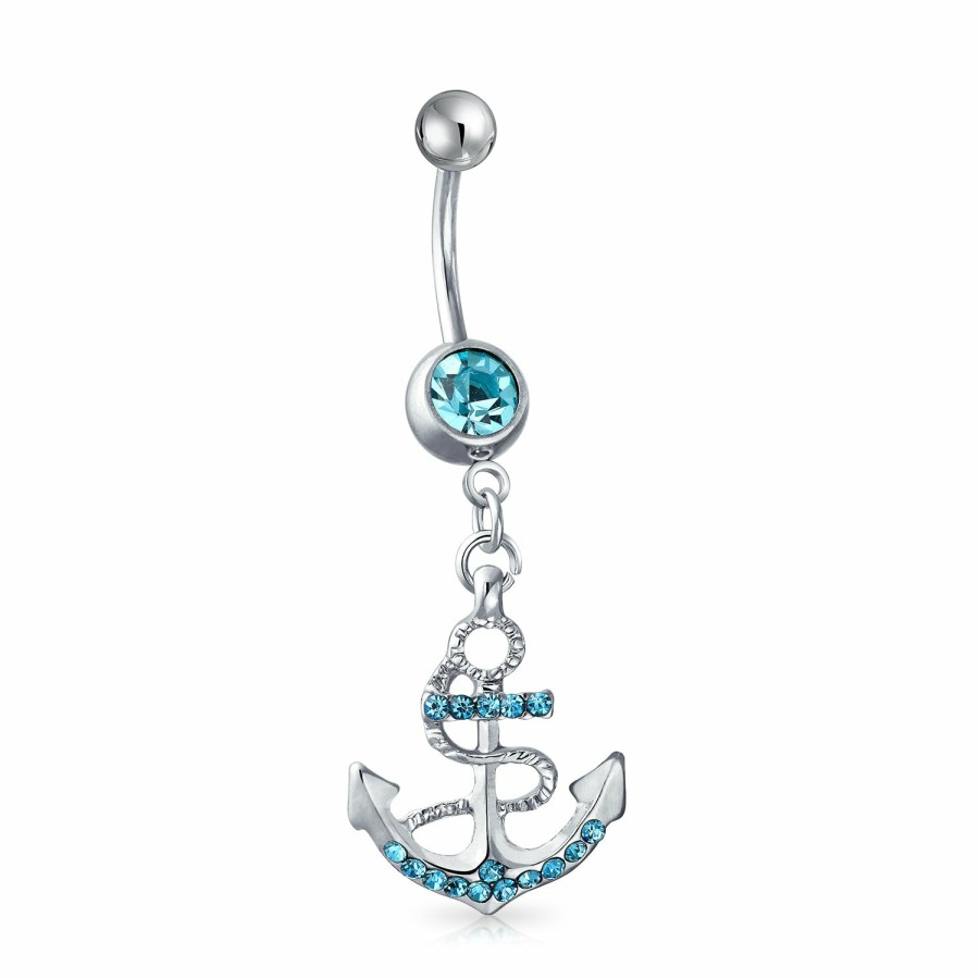 Shop Women Bling Jewelry Belly Rings | Anchor Bar Belly Ring Aqua Blue Crystal 316L Stainless Steel 14 Gauge