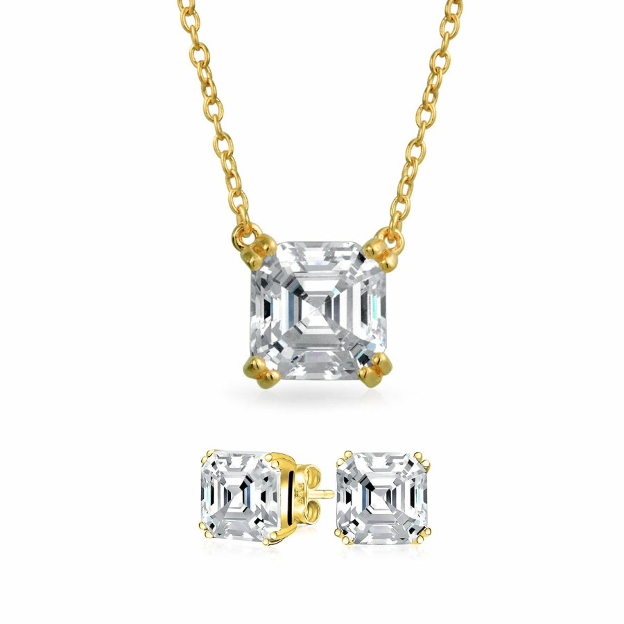 Shop Men Bling Jewelry Mens Earrings | Jewelry Set Solitaire Square Asscher Cut Cz Erring Pendant .925 Silver