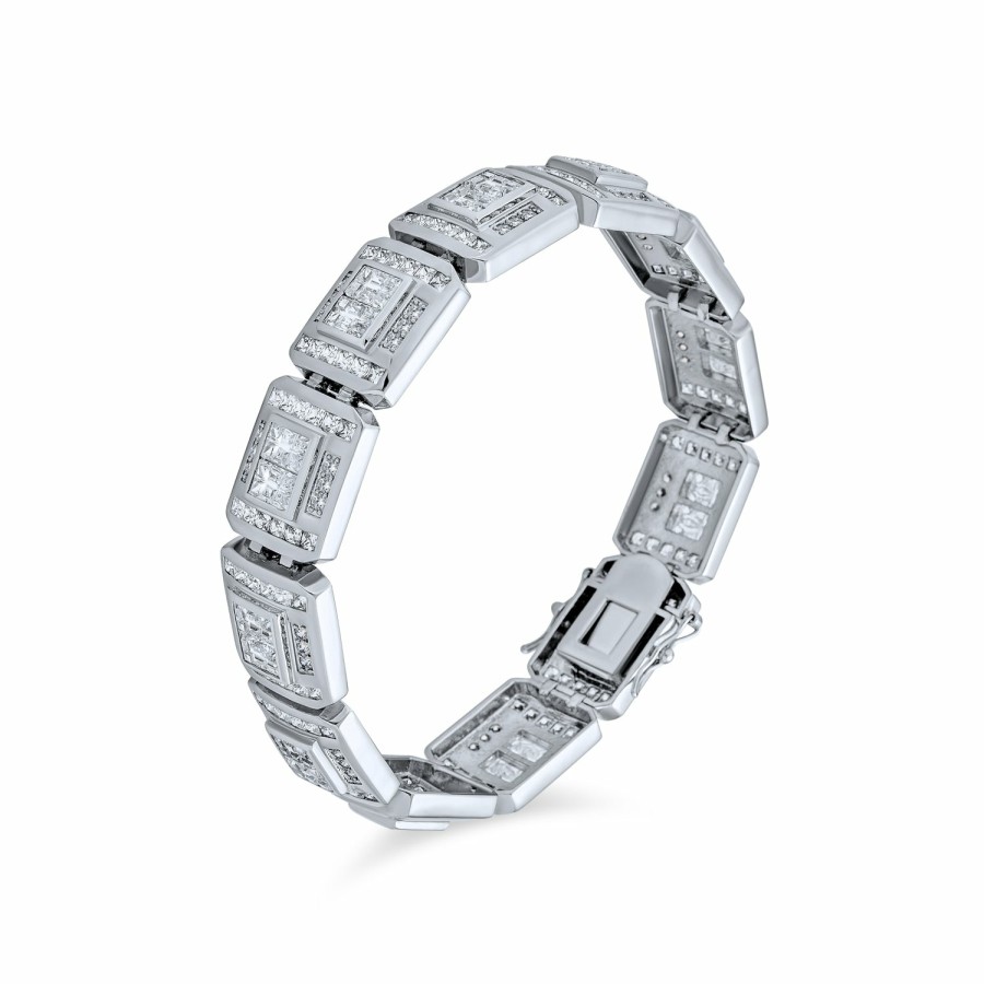 Shop Men Bling Jewelry Mens Bracelets & Id Bracelets | Mens Bling Statement Invisible Cut Aaa Cz Link Bracelet Silver Plated