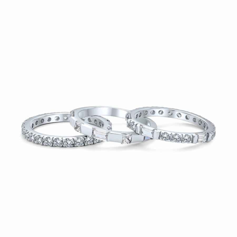 Shop Women Bling Jewelry Engravable Rings | Stacking Aaa Cz Baguette Eternity Wedding Band Ring Set .925 Sterling Silver