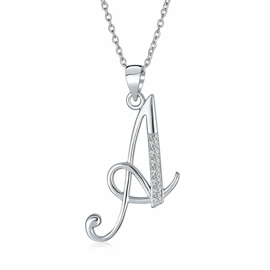 Shop Women Bling Jewelry Abc Initial | Letter Cursive Script Initial Pendant Necklace Pave Cz Sterling Silver