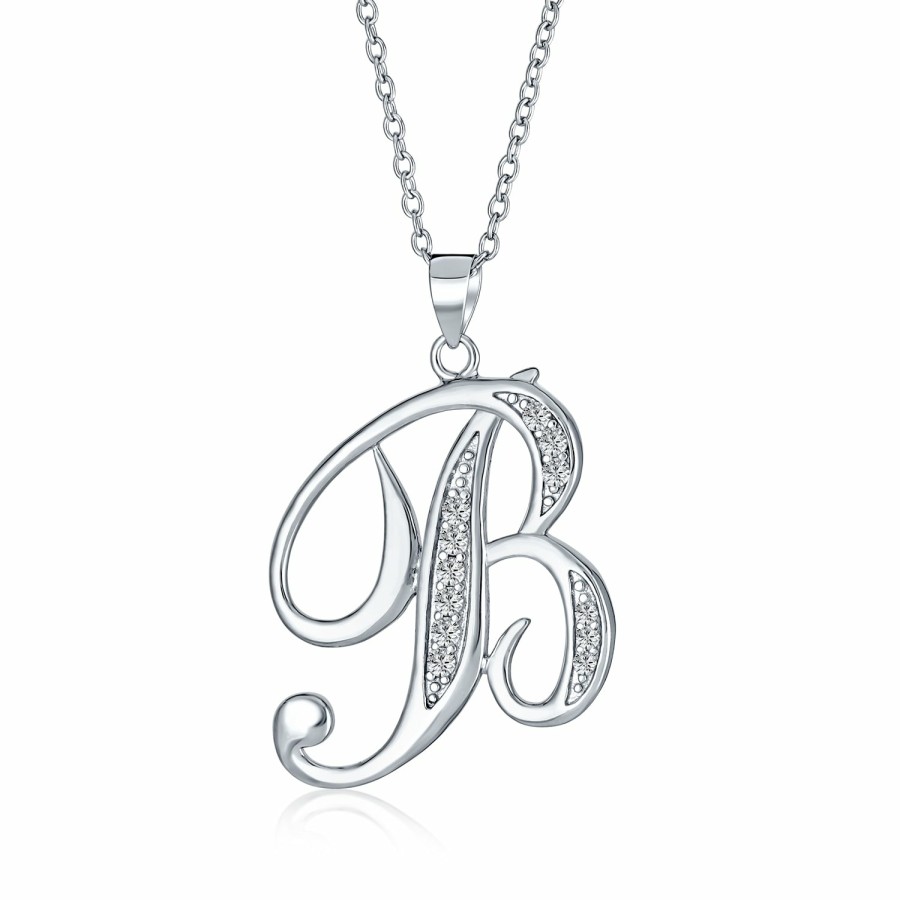 Shop Women Bling Jewelry Abc Initial | Letter Cursive Script Initial Pendant Necklace Pave Cz Sterling Silver