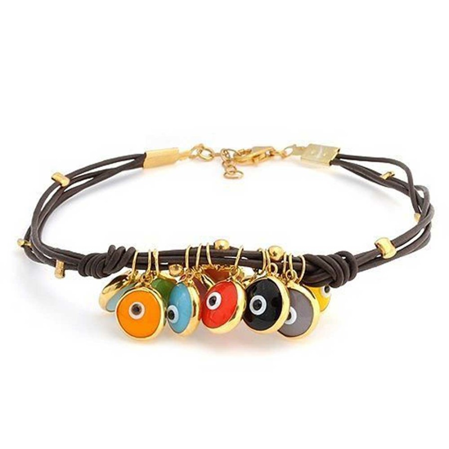 Shop Women Bling Jewelry Charm Bracelets | Colorful Evil Eye Charms Cord Leather Bracelet Gold Plated Silver